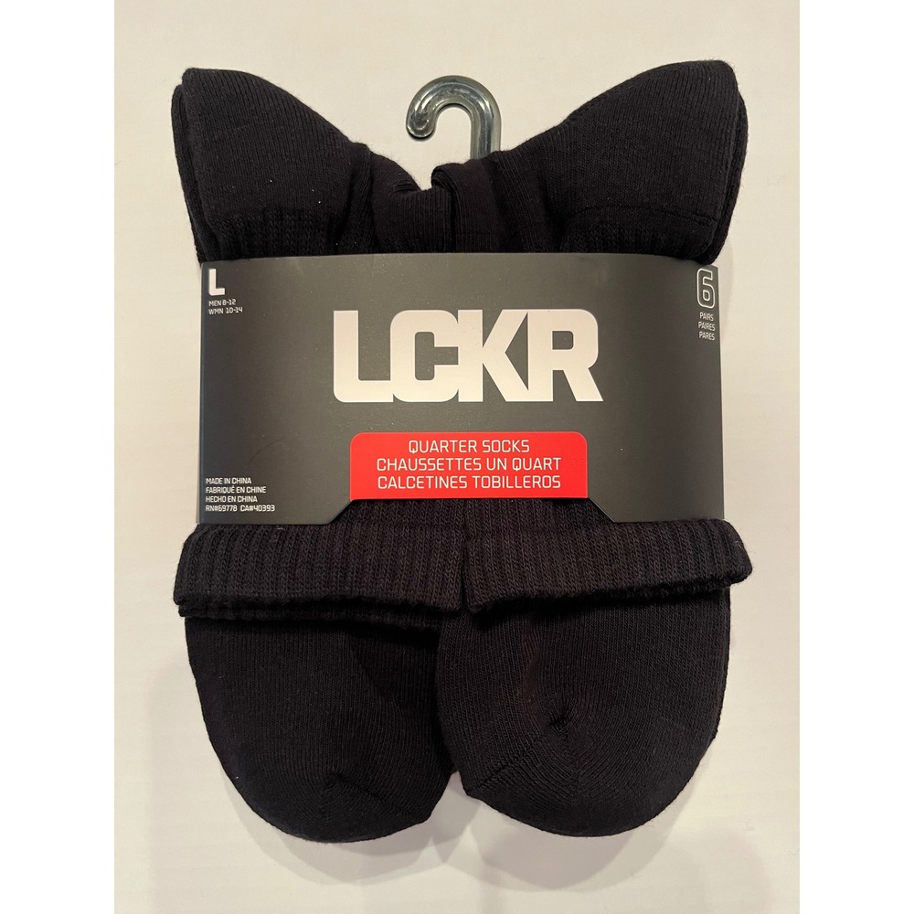 LCKR 6 Pair Unisex Quarter Socks‎ Black Size Large (Men's 8-12) (Woman's 10-14)
